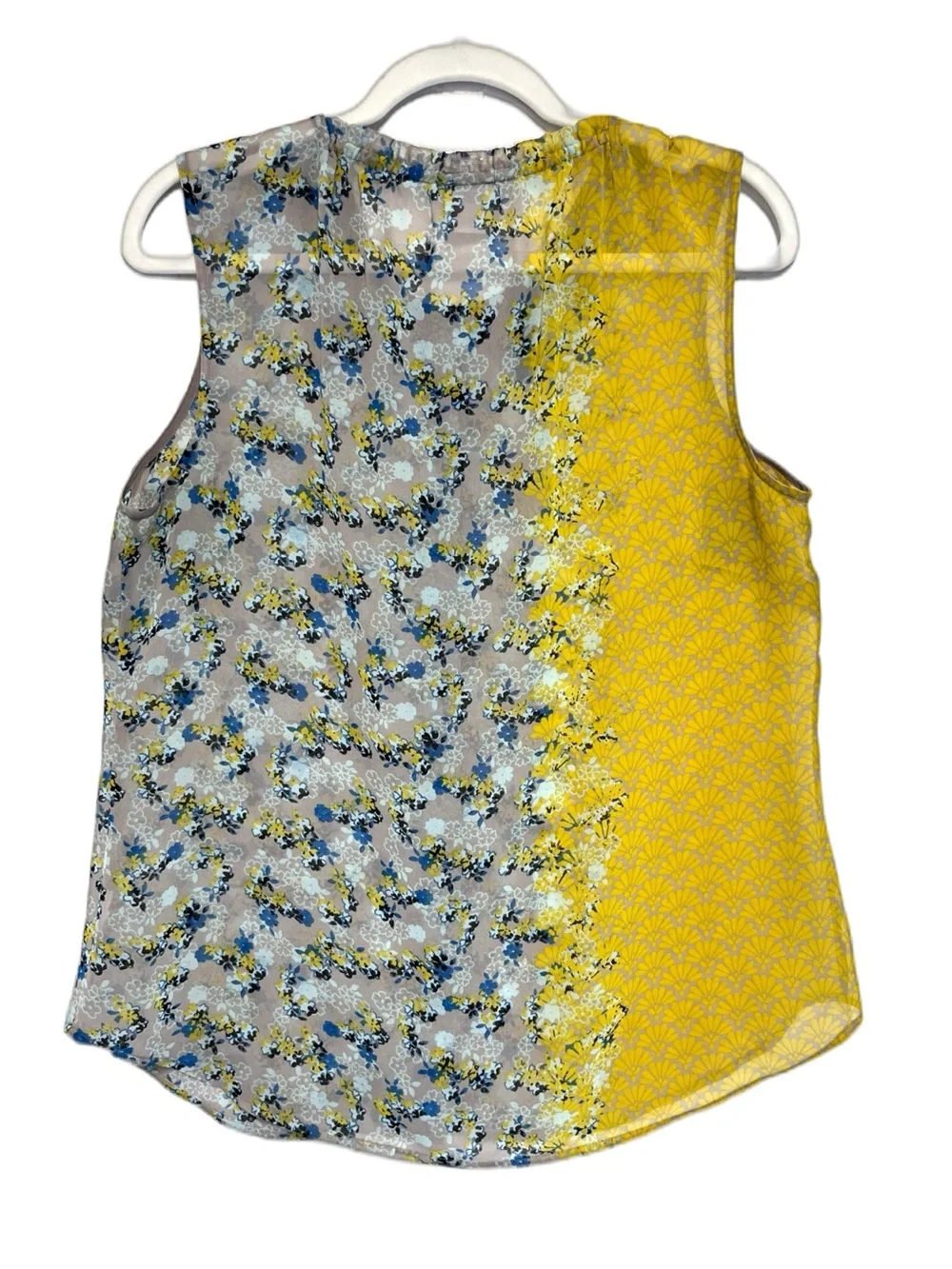 CAbi Yellow Gray Floral Button-Up Peter Pan Collar Sheer Sleeveless Blouse